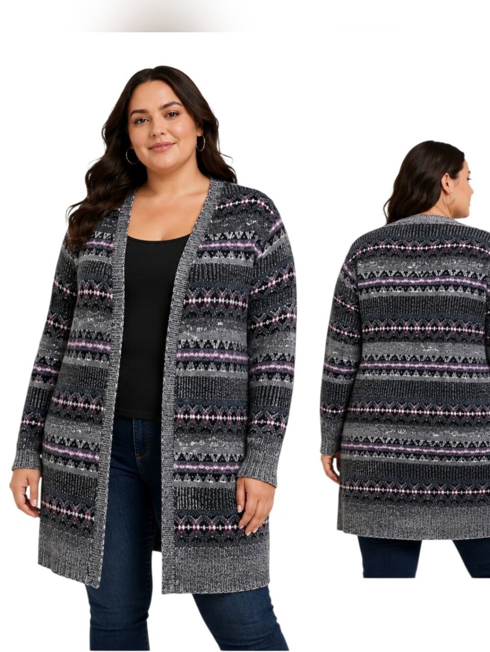 Torrid Open Front Knit Cardigan Sweater Gray Fair Isle Longline Size 1X